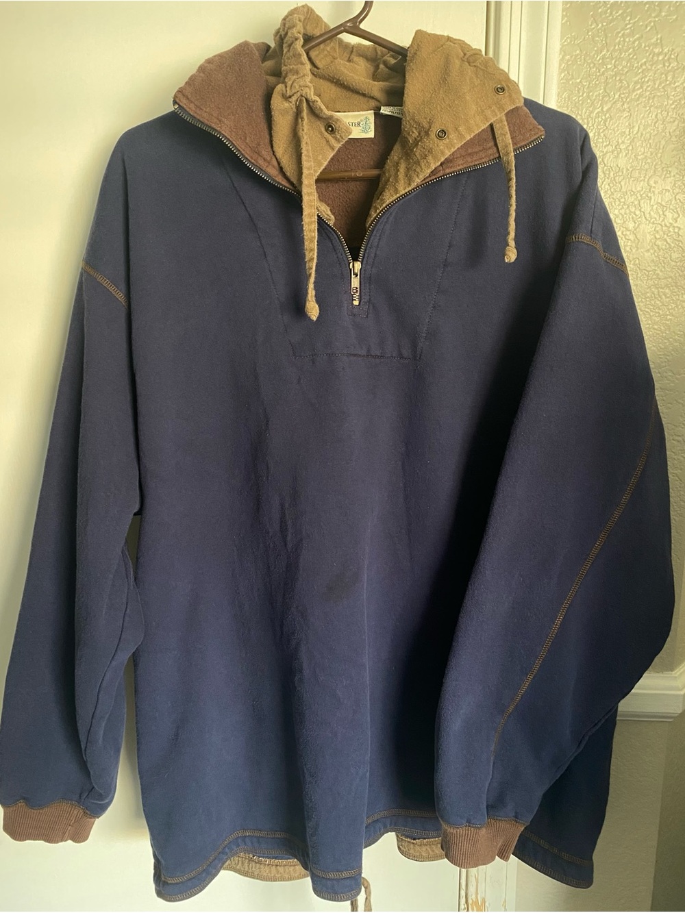 Vintage Fieldmaster Double Collar 1/4 Zip Hooded Sweatshirt Jacket Navy Blue XL
